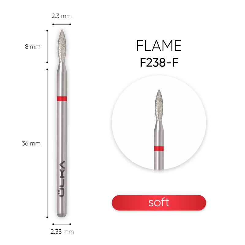 ÜLKA Diamond nail drill bit 23.8 flame red head diameter 2.3 mm / working part 8 mm