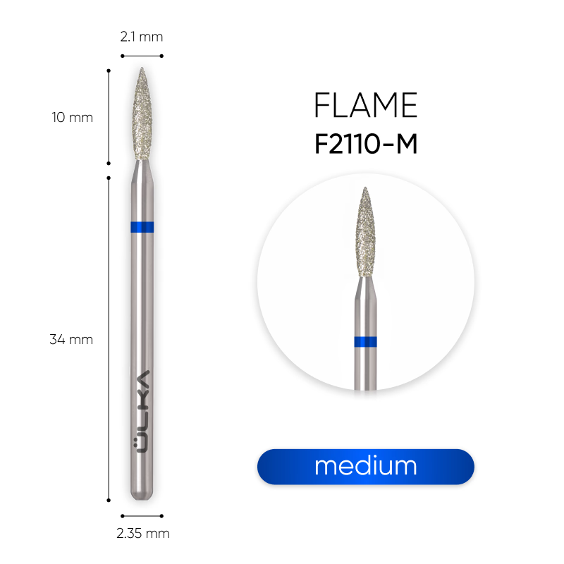 ÜLKA Diamond nail drill bit 21.10 flame blue head diameter 2.1 mm / working part 10 mm