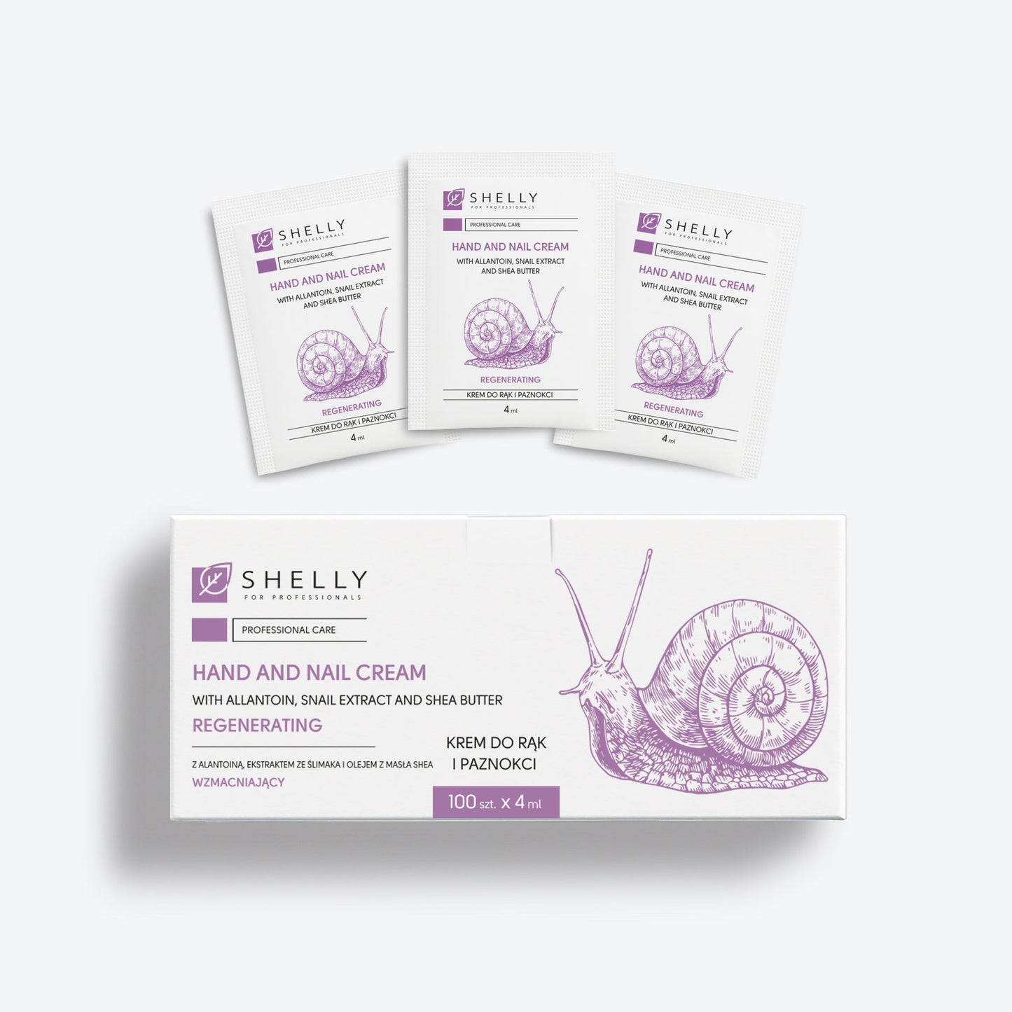 HAND AND NAIL CREAM WITH ALLANTOIN, SNAIL EXTRACT AND SHEA OIL SHELLY 4 ML X 100 PCS. With allantoin, snail extract and shea oil