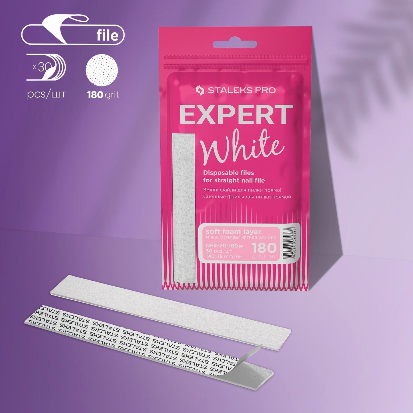 STALEKS EXPERT 20 Adhesive nail files for straight base on a soft foam layer, 180 grit (30 pcs)