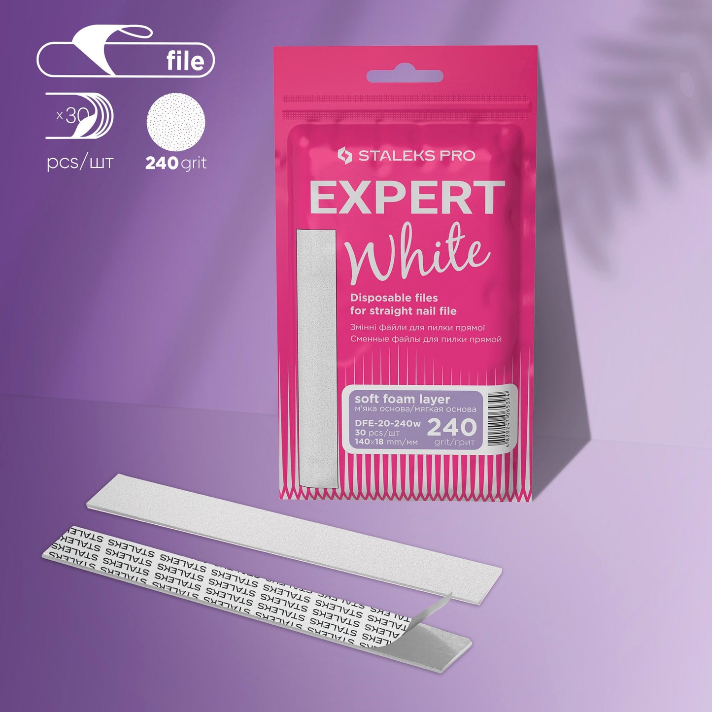 STALEKS EXPERT 20 Adhesive nail files for straight base on a soft foam layer, 240 grit (30 pcs)
