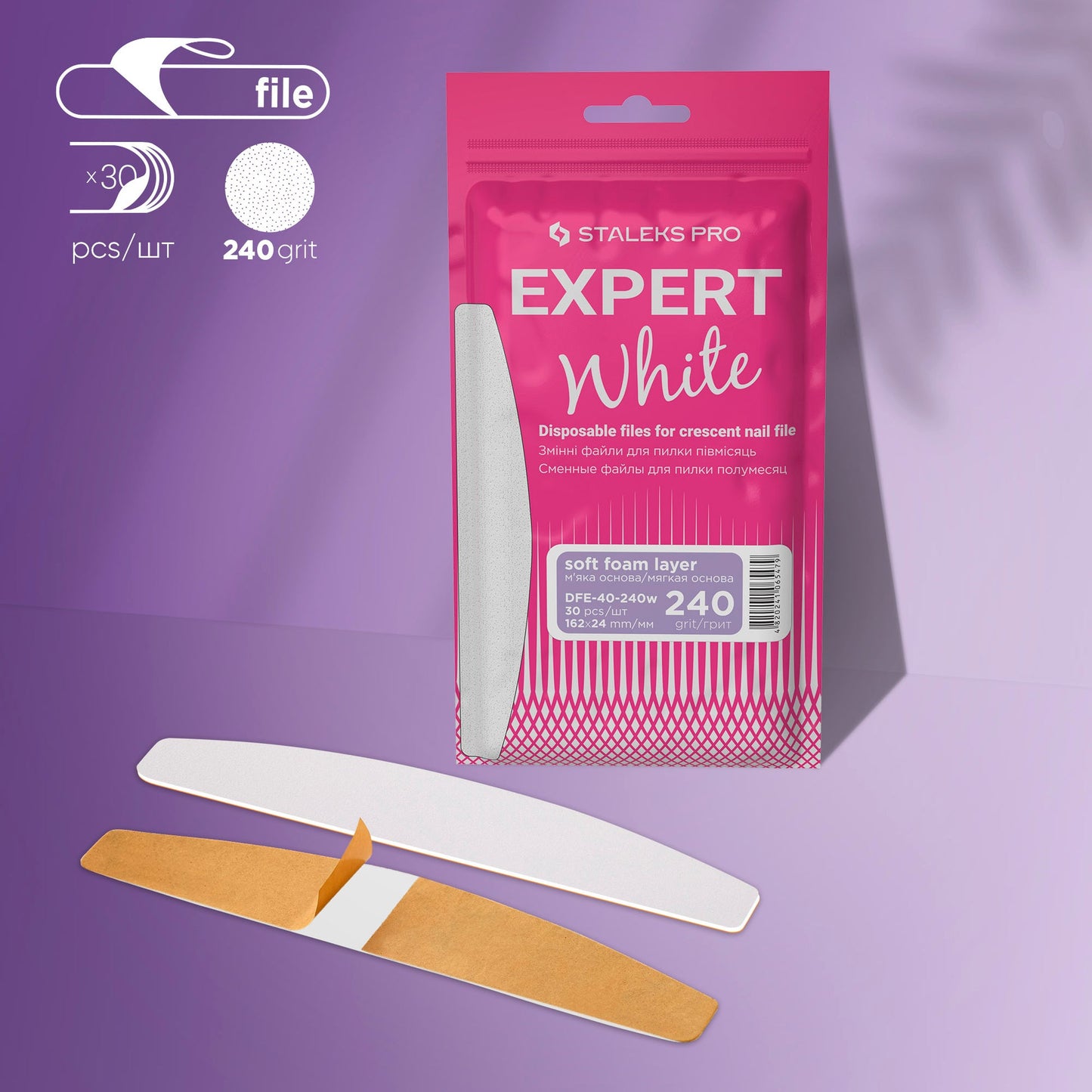 STALEKS EXPERT 40 Adhesive nail files for crescent base on a soft foam layer, 240 grit (30 pcs)